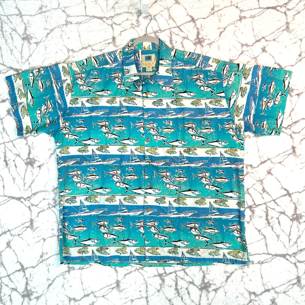 KAHALA Hawaiian Fishing Shirt Men’s XL Avi Collection Turquoise Fishes Boats